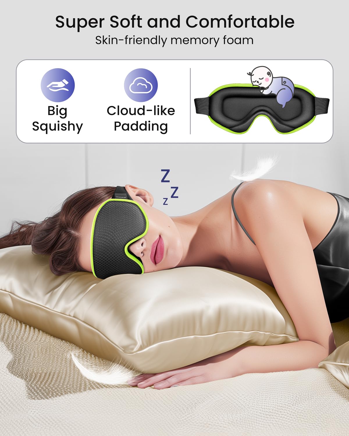 WAOAW Sleep Mask Travel Essentials - 3D Blackout Eye Mask for Sleeping - Soft Breathable Adjustable Light Blocking Eye Covers for Men and Women - Comfortable Night Mask for Travel Flight (Black)