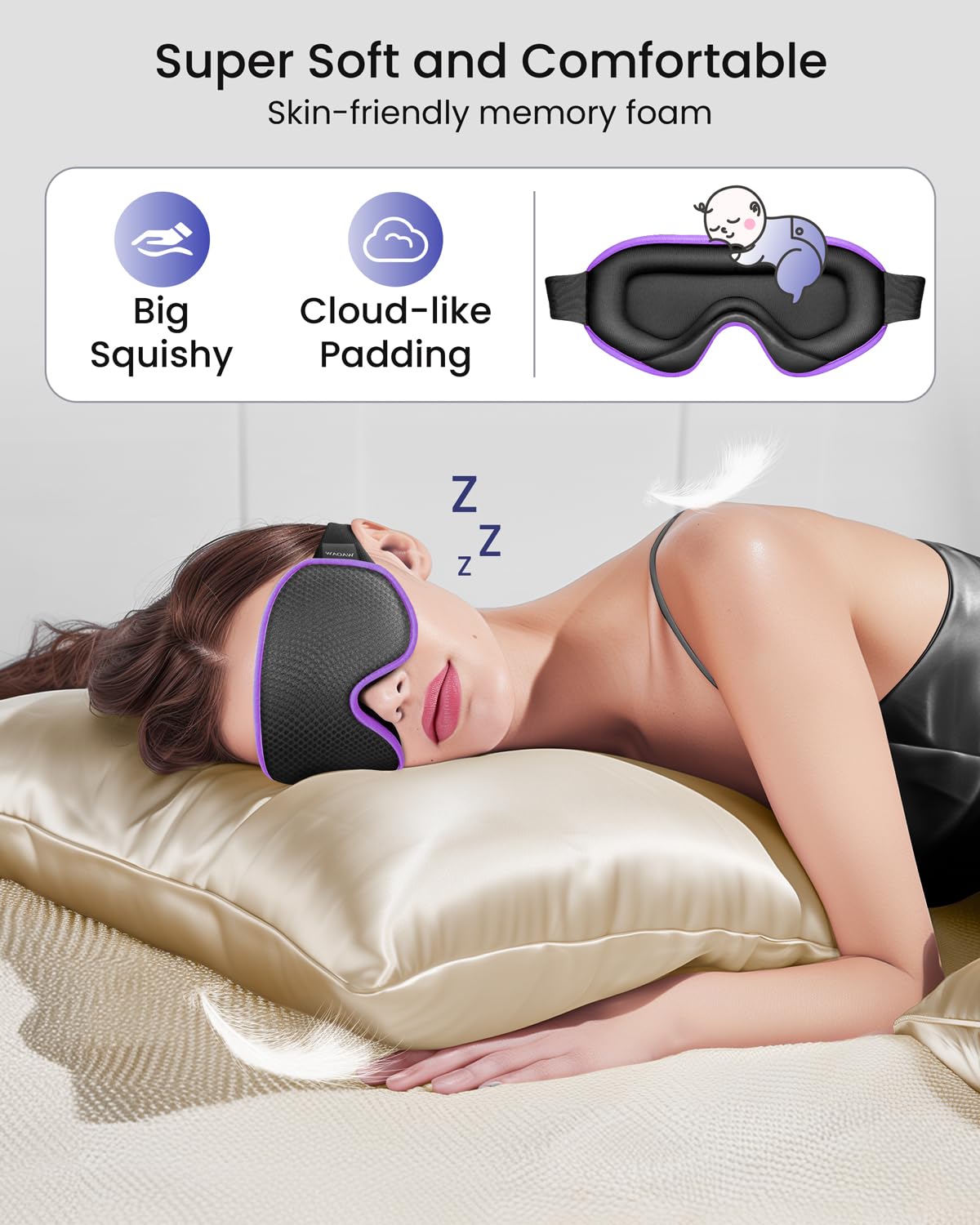 WAOAW Sleep Mask Travel Essentials - 3D Blackout Eye Mask for Sleeping - Soft Breathable Adjustable Light Blocking Eye Covers for Men and Women - Comfortable Night Mask for Travel Flight (Black)