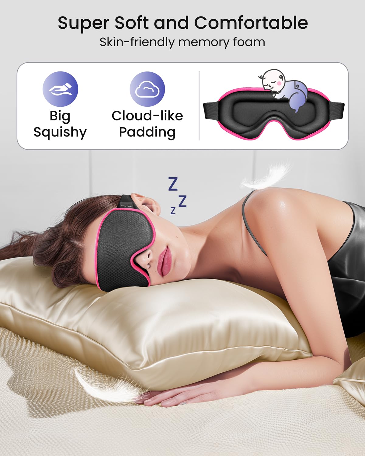 WAOAW Sleep Mask Travel Essentials - 3D Blackout Eye Mask for Sleeping - Soft Breathable Adjustable Light Blocking Eye Covers for Men and Women - Comfortable Night Mask for Travel Flight (Black)