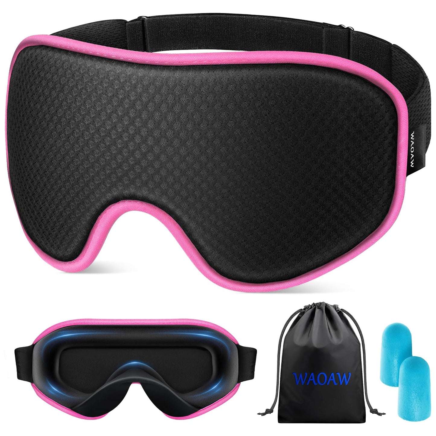 WAOAW Sleep Mask Travel Essentials - 3D Blackout Eye Mask for Sleeping - Soft Breathable Adjustable Light Blocking Eye Covers for Men and Women - Comfortable Night Mask for Travel Flight (Black)