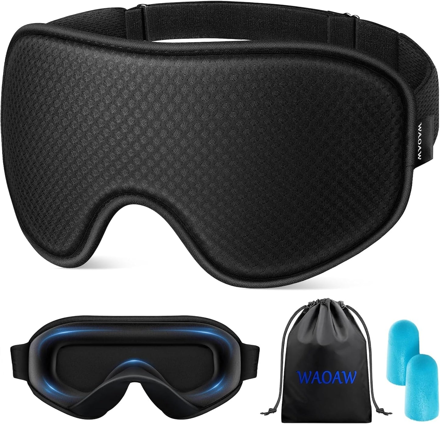 WAOAW Sleep Mask Travel Essentials - 3D Blackout Eye Mask for Sleeping - Soft Breathable Adjustable Light Blocking Eye Covers for Men and Women - Comfortable Night Mask for Travel Flight (Black)