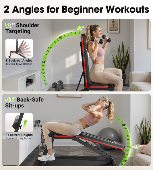 FLYBIRD Adjustable Weight Bench Workout Bench for Home Gym, 15 Degree Decline Sit-Up, Sturdy Durable Folding Weight Bench for Years of Workout -FBGEAR23